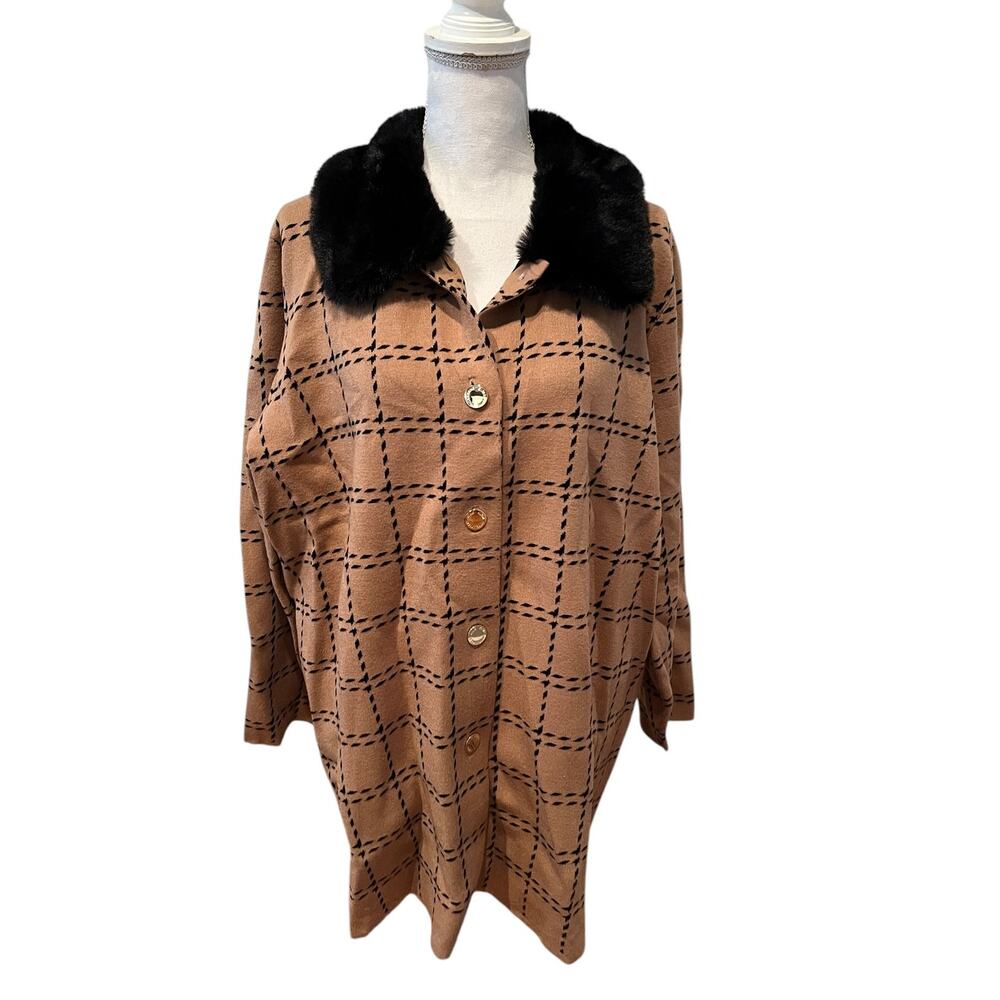 Ann Klein Knit Sweater Coat Faux Fur Collar Tan Window pane Check Print